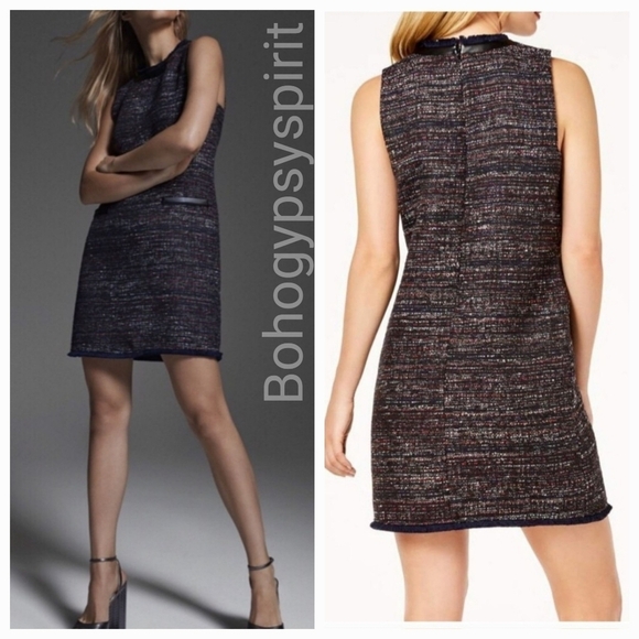 NWT $149 Faux Leather Trim Tweed Sheath Shift Dress - Picture 4 of 17